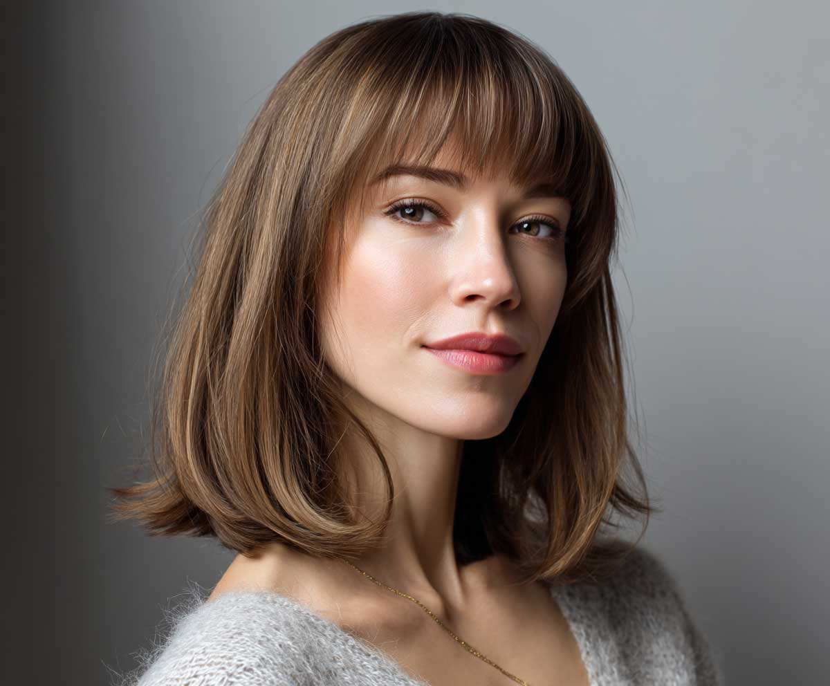 Elegant woman with a long face shape, short straight chestnut brown hair with curtain bangs, gentle lighting, clean background, soft natural makeup