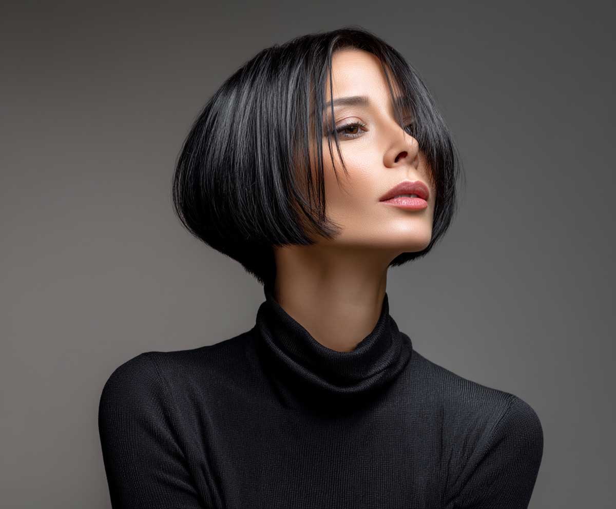 Chic woman with a round face, short straight jet black hair in a sharp chin-length crop, studio lighting, confident pose, neutral background
