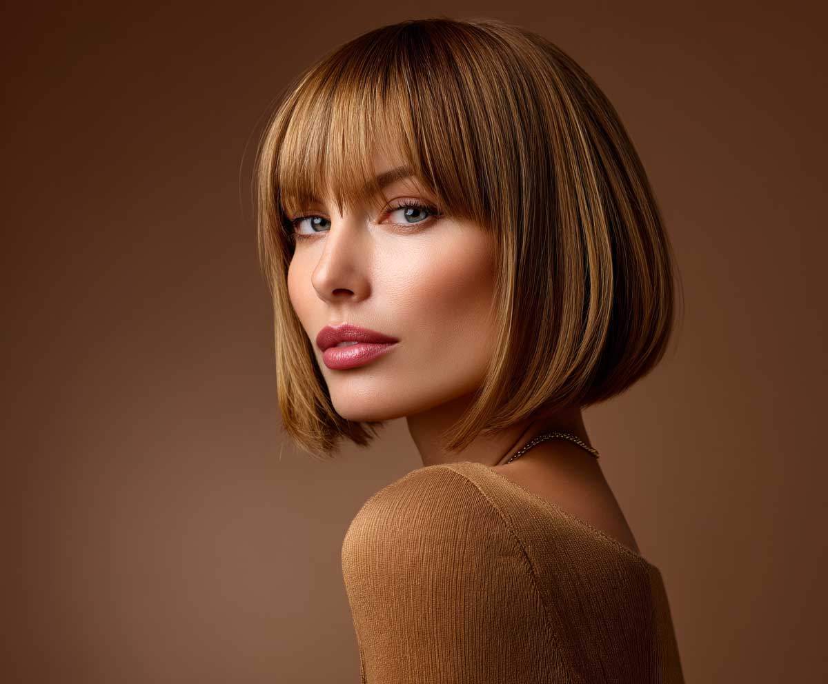 Confident woman with a square face shape, golden caramel short straight hair with a long side fringe, soft studio lighting, warm background, natural pose