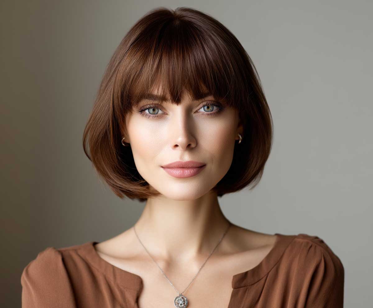 Elegant woman with a long face shape, short straight chestnut brown hair with curtain bangs, gentle lighting, clean background, soft natural makeup