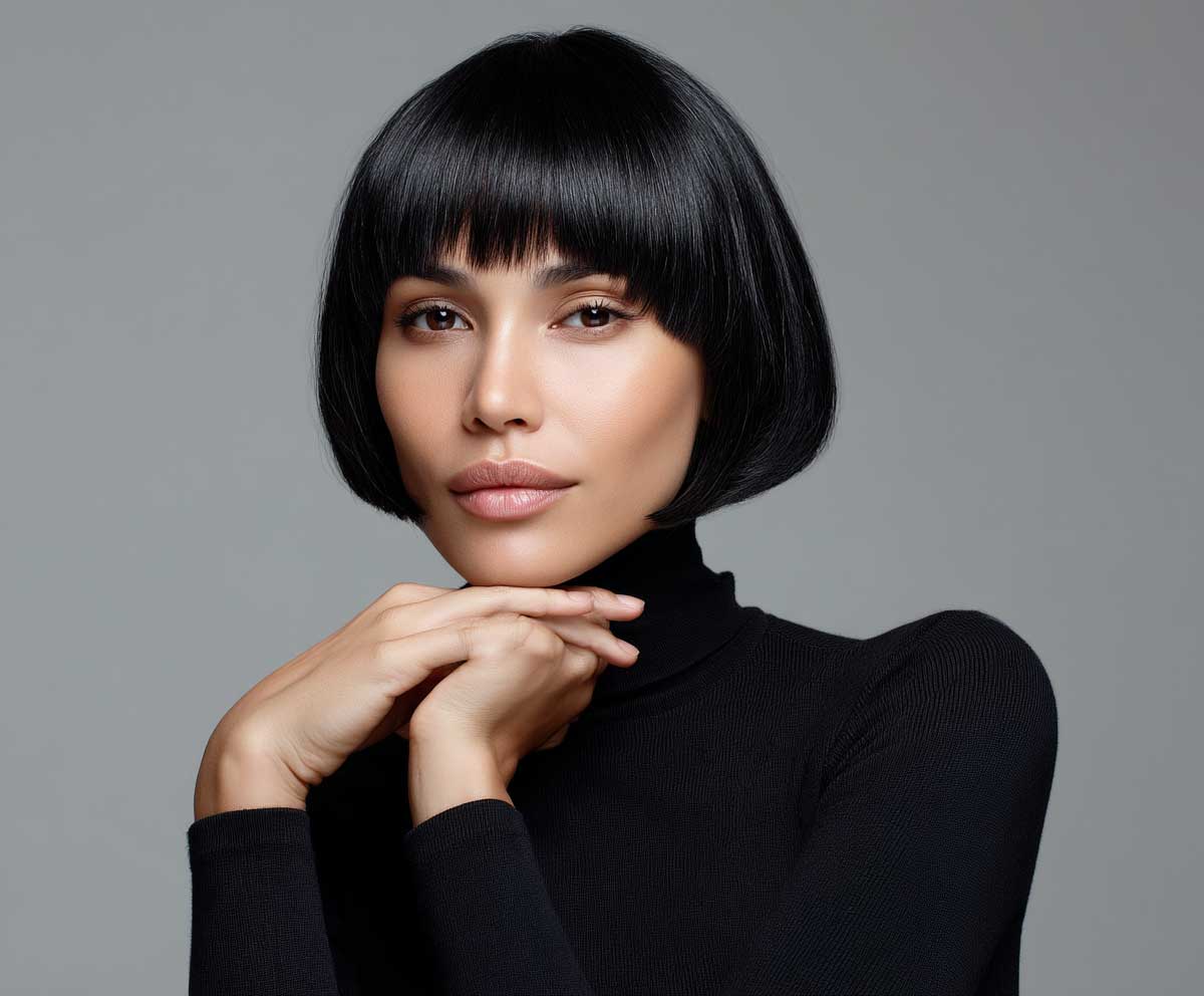 Chic woman with a round face, short straight jet black hair in a sharp chin-length crop, studio lighting, confident pose, neutral background