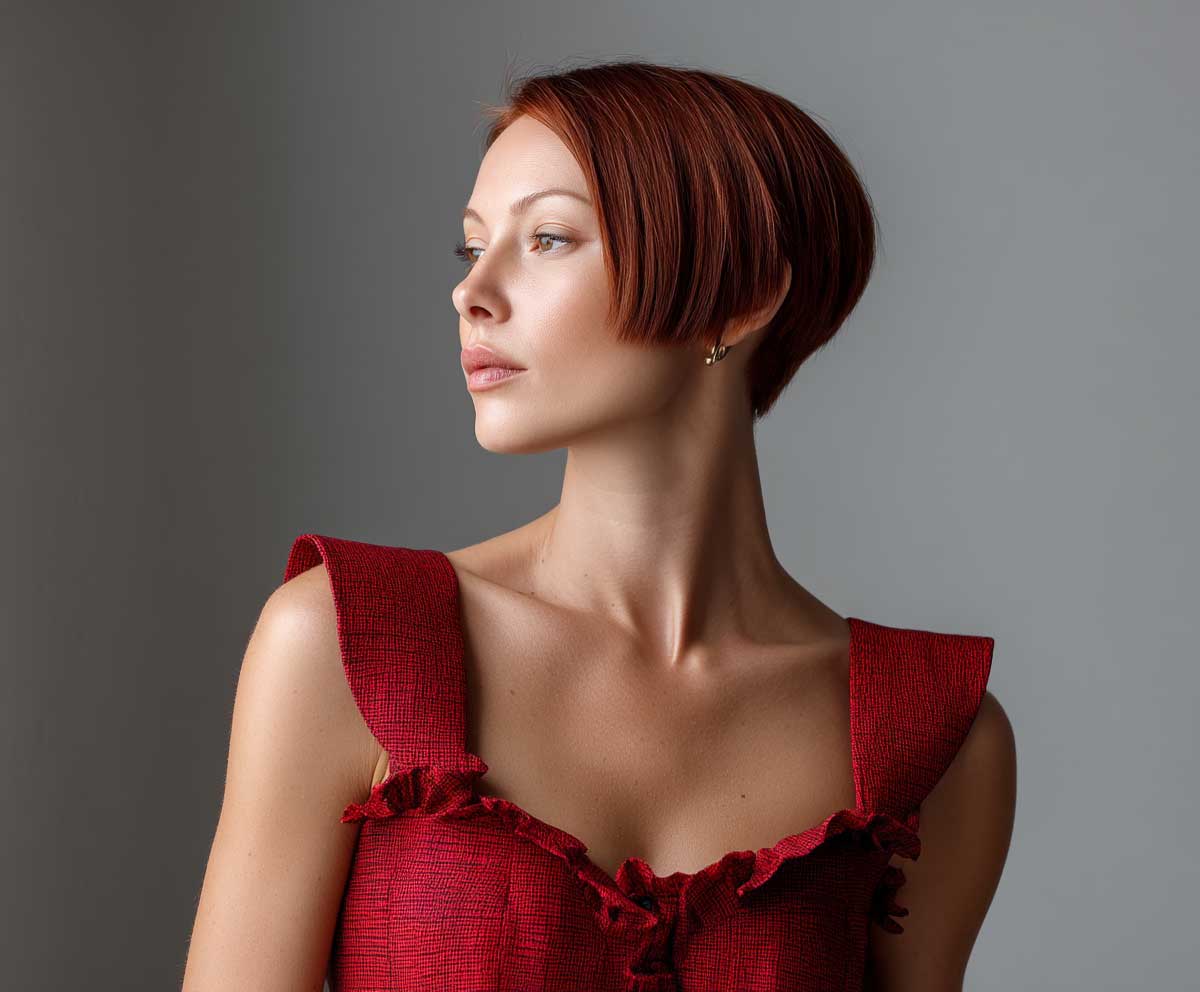 Elegant woman with a square face, short straight asymmetrical crop in auburn red, contemporary studio photo, clean lighting, strong posture