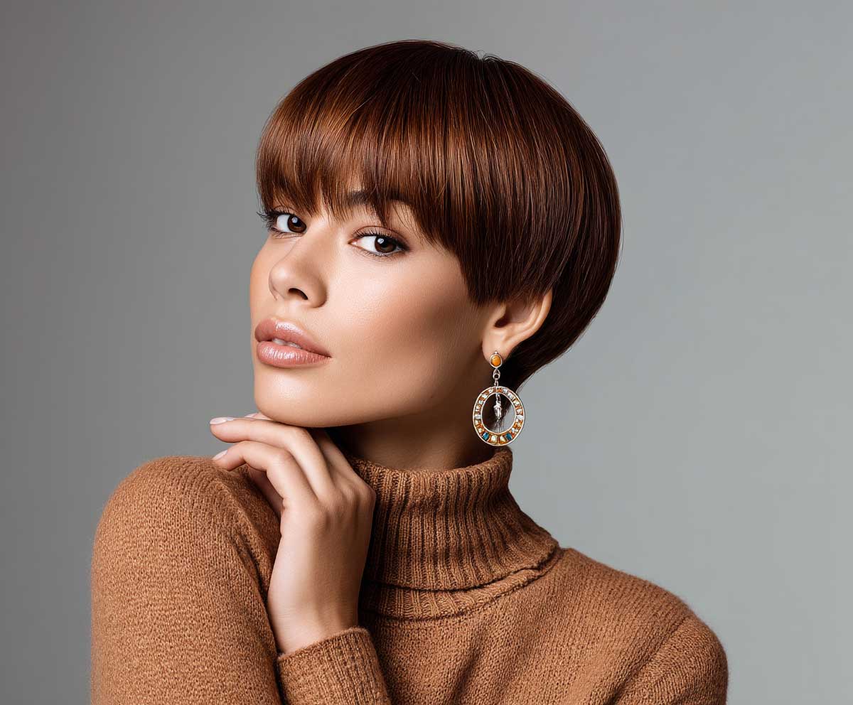 Elegant woman with a heart shaped face, cinnamon brown short straight hairstyle with tapered crop and subtle layers, gentle background, confident pose