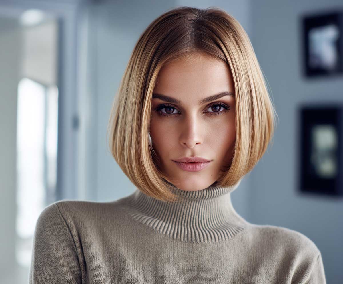 Fashion-forward woman with a round face, wearing a sleek angled bob in honey blonde, minimalist indoor setting, soft lighting, stylish expression, full front view