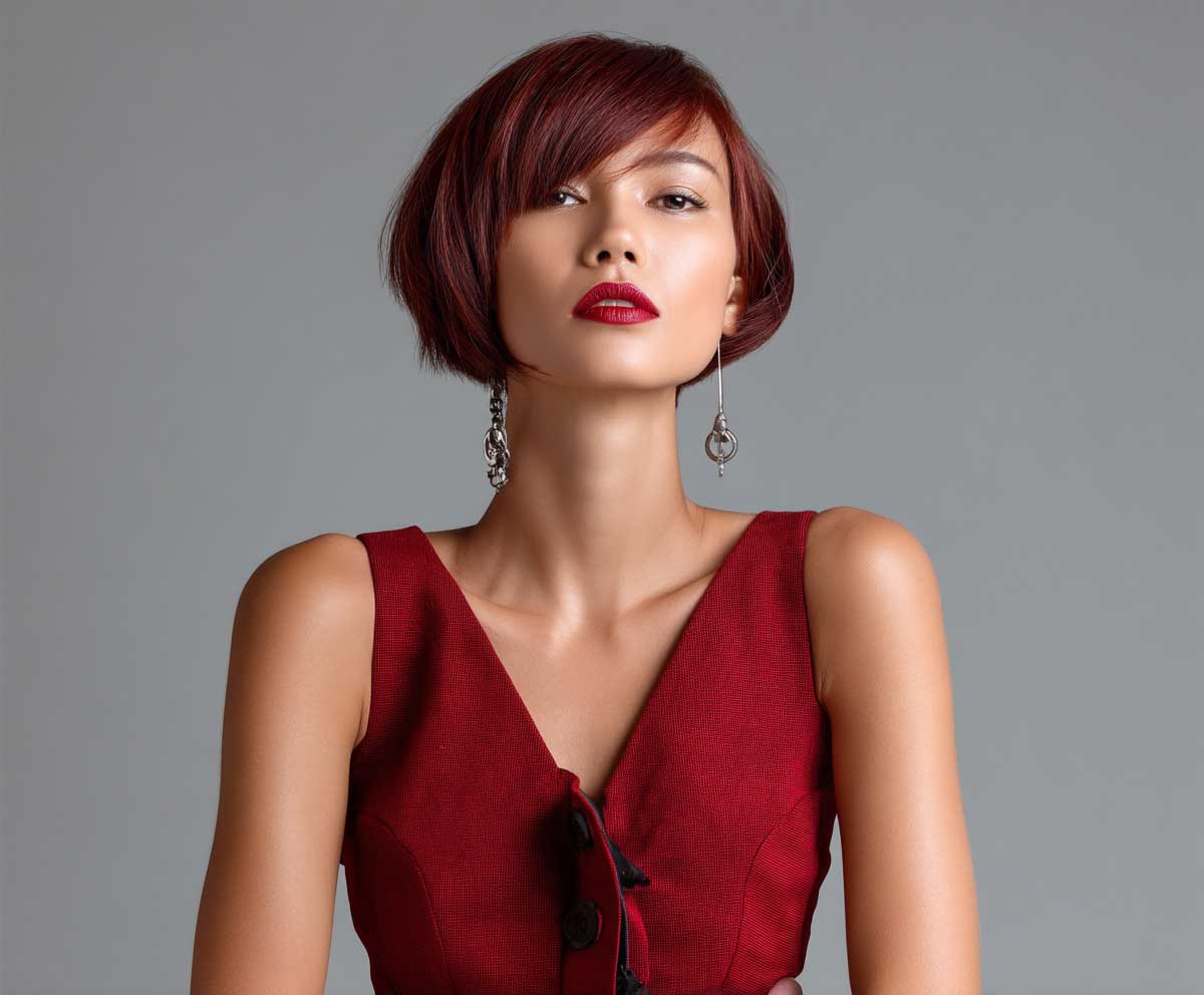 Elegant woman with a square face, short straight asymmetrical crop in auburn red, contemporary studio photo, clean lighting, strong posture