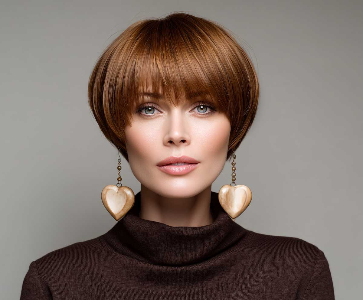 Elegant woman with a heart shaped face, cinnamon brown short straight hairstyle with tapered crop and subtle layers, gentle background, confident pose