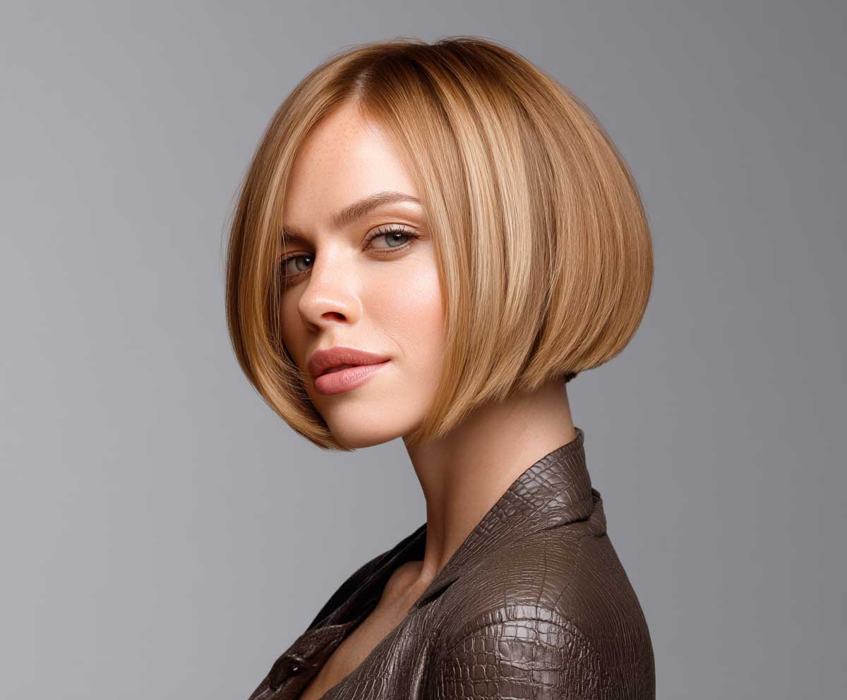 Fashion-forward woman with a round face, wearing a sleek angled bob in honey blonde, minimalist indoor setting, soft lighting, stylish expression, full front view