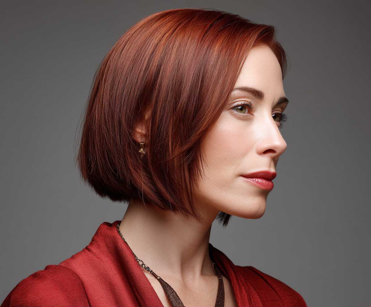 Elegant woman with a square face, short straight asymmetrical crop in auburn red, contemporary studio photo, clean lighting, strong posture