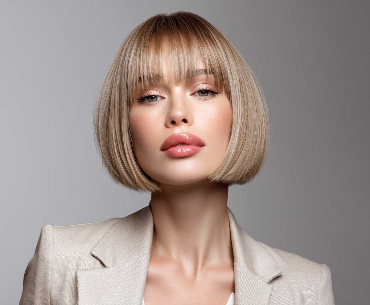 Stylish woman with a long face, sandy beige short straight rounded bob with full fringe, bright lighting, calm studio background, frontal pose