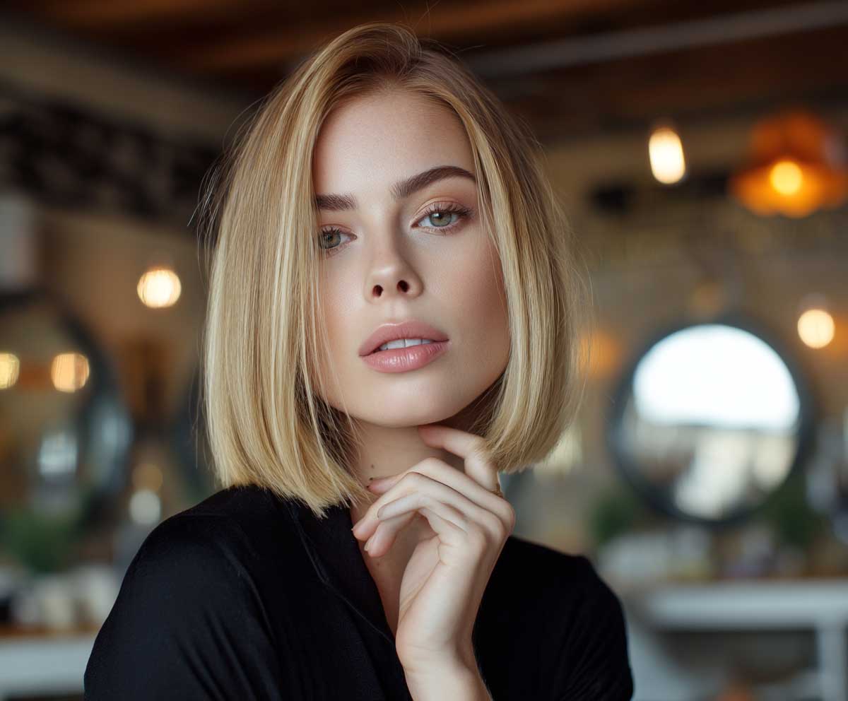 Stylish woman with an oval face, golden wheat blonde chin-length straight inverted bob, warm indoor lighting, confident pose, natural look
