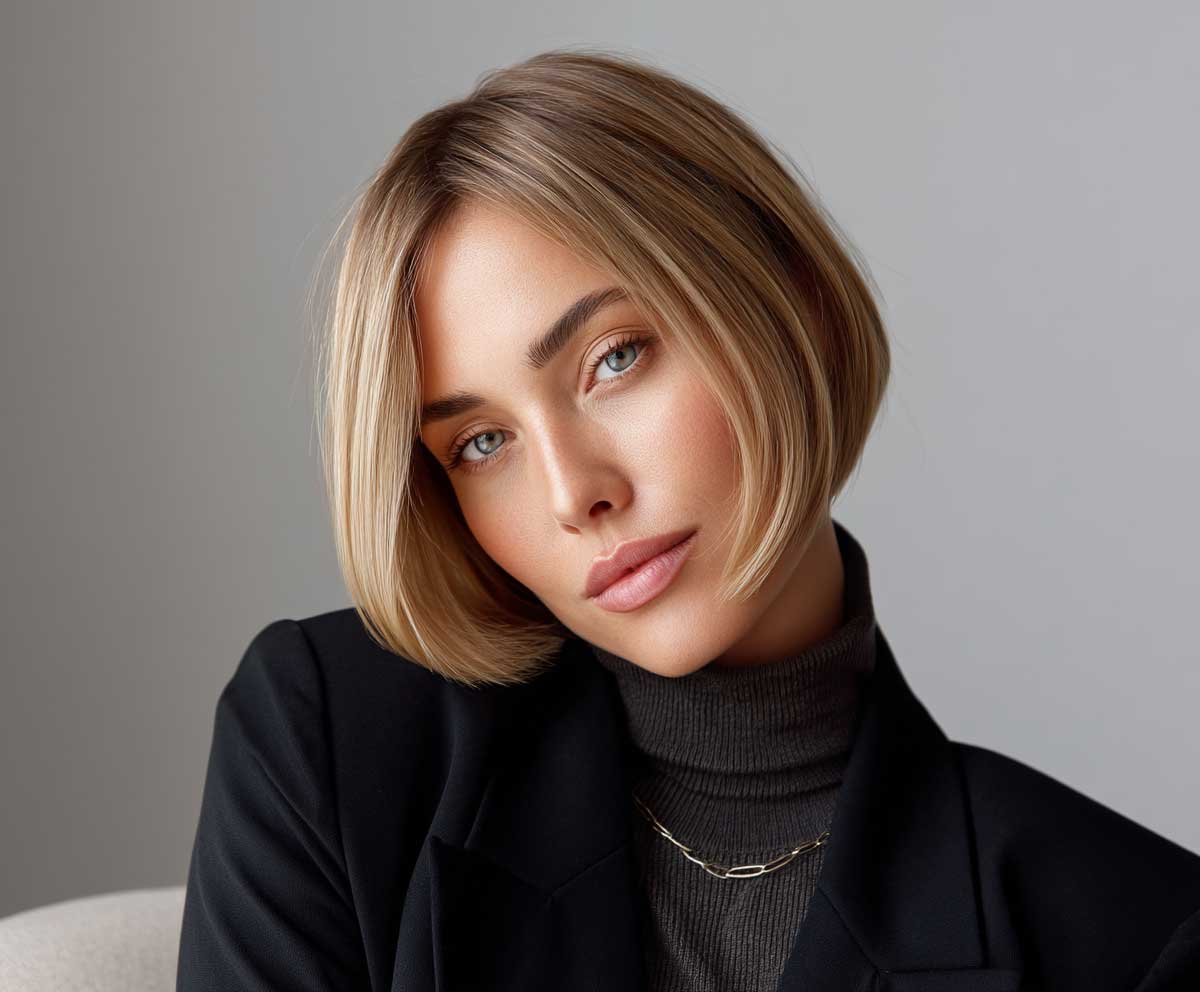 Fashion-forward woman with a round face, wearing a sleek angled bob in honey blonde, minimalist indoor setting, soft lighting, stylish expression, full front view