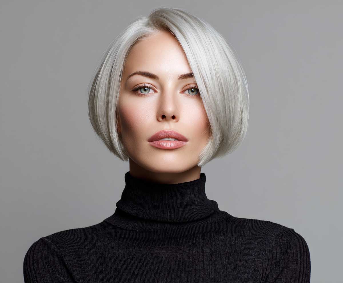 Modern woman with a square face, icy platinum short straight hair in a blunt undercut bob, high fashion look, neutral background, direct eye contact