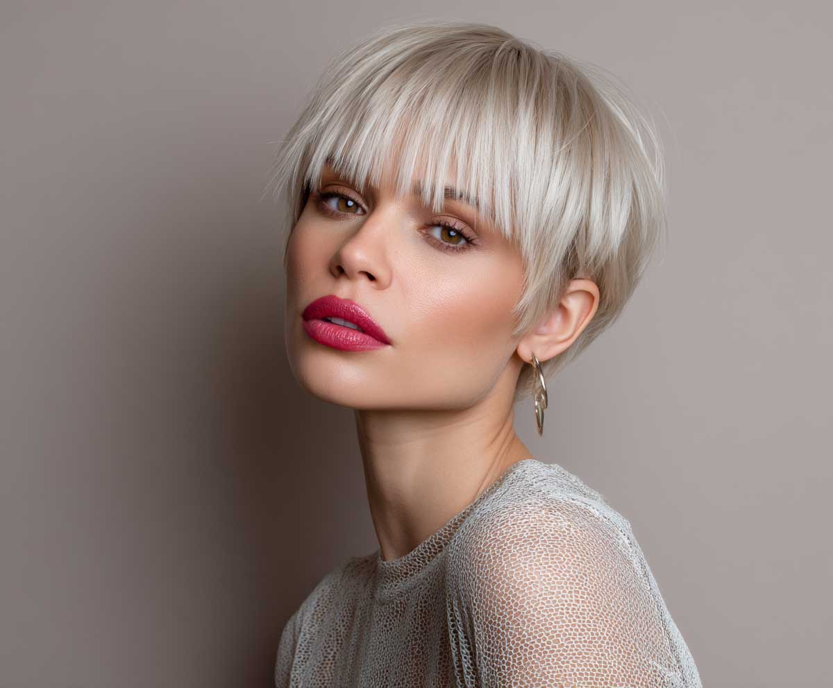 Trendy woman with a heart shaped face, pearl blonde short straight pixie haircut with micro fringe, close-up studio shot, clean backdrop, fashion-forward style