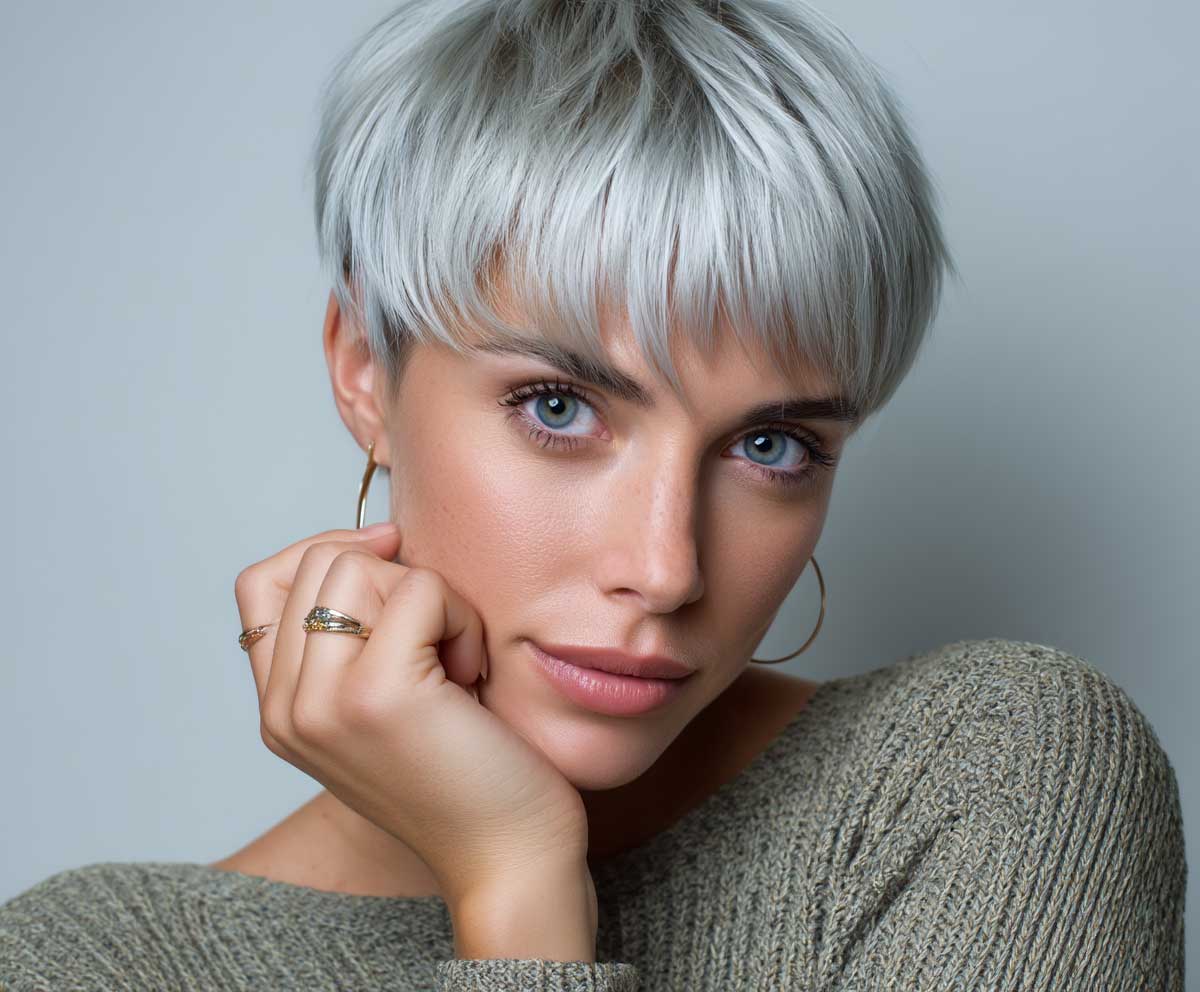 Trendy woman with a round face, short straight silver ash layered pixie haircut, close-up portrait, natural makeup, bright background