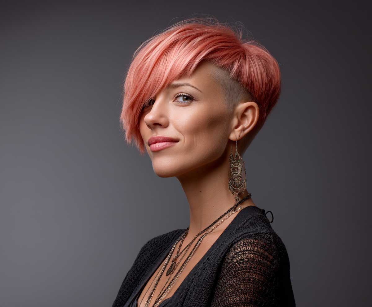 Woman with short to mid length coral pink hair, undercut visible on one side, edgy urban fashion, studio lighting with soft shadows, creative asymmetrical haircut, confident attitude