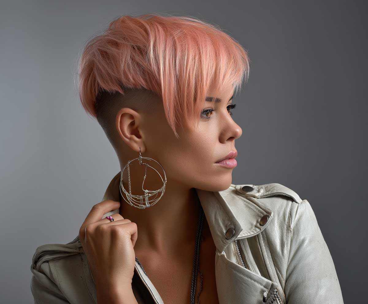 Woman with short to mid length coral pink hair, undercut visible on one side, edgy urban fashion, studio lighting with soft shadows, creative asymmetrical haircut, confident attitude