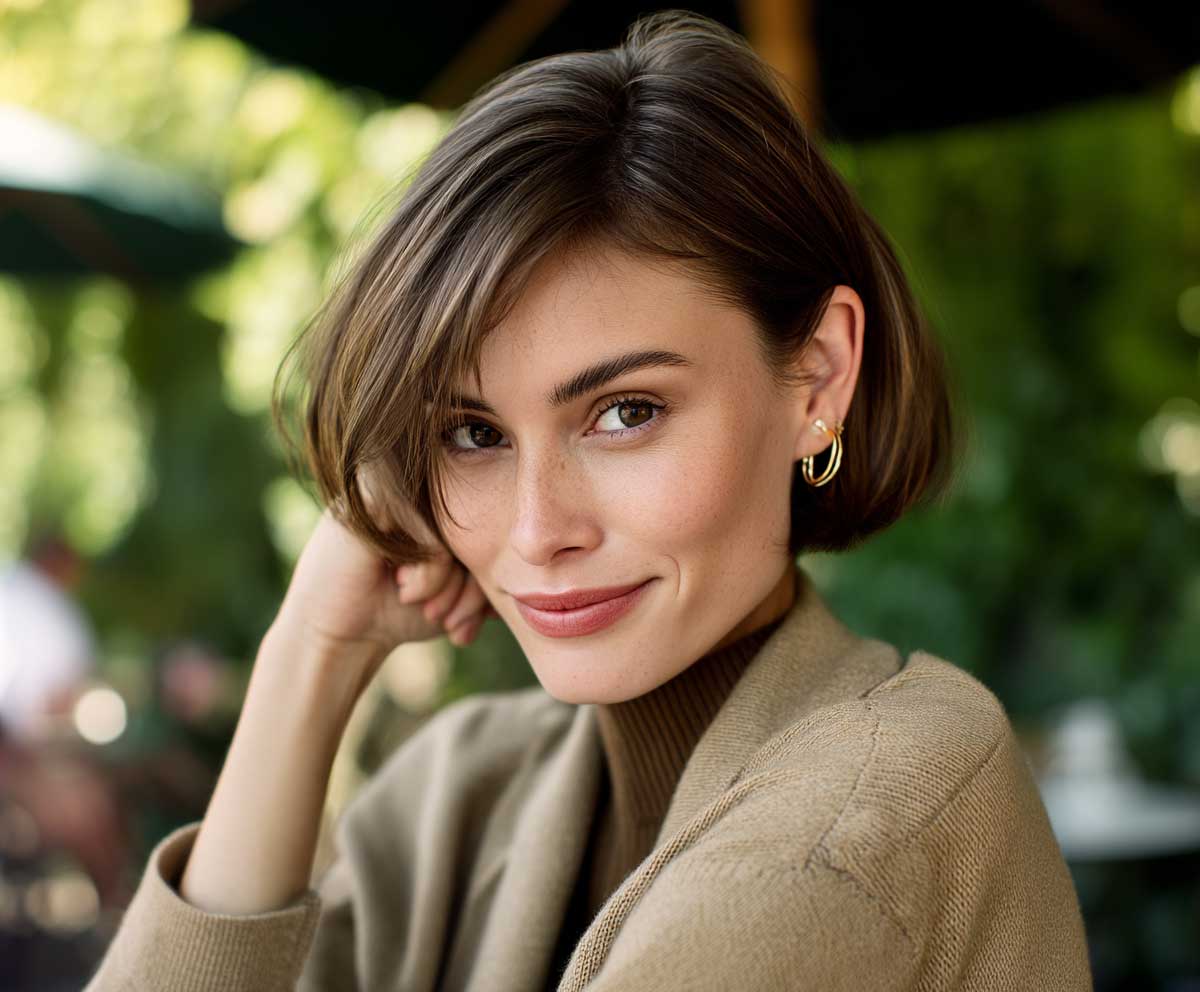 Natural lighting image of a model with sandy brunette blunt bob, jaw-length, tucked behind one ear, garden or sunlit café background, relaxed yet refined outfit, smiling expression