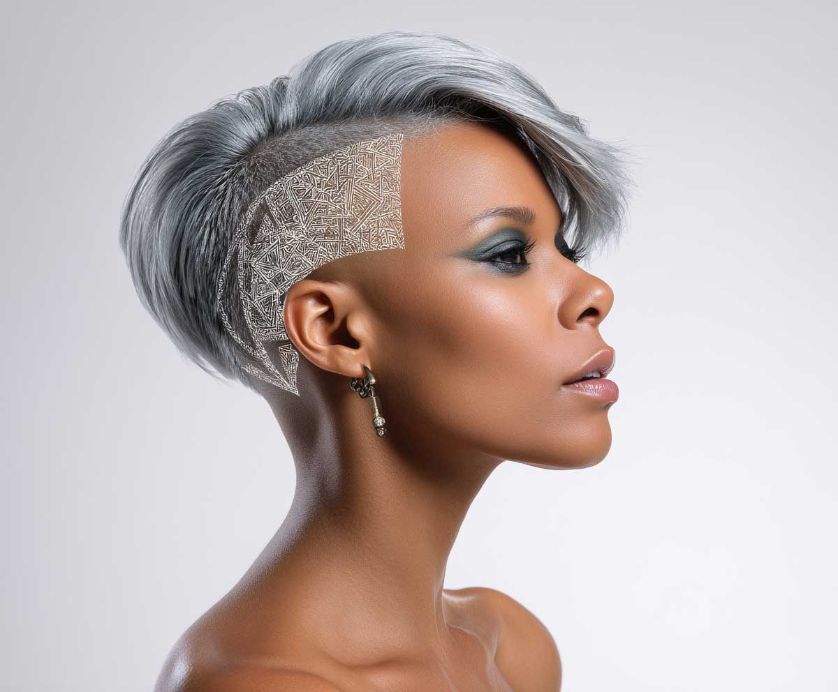 Model with icy silver short to mid length hairstyle, one side shaved with geometric design, sleek styling, futuristic fashion vibe, clean white background, bold eye makeup