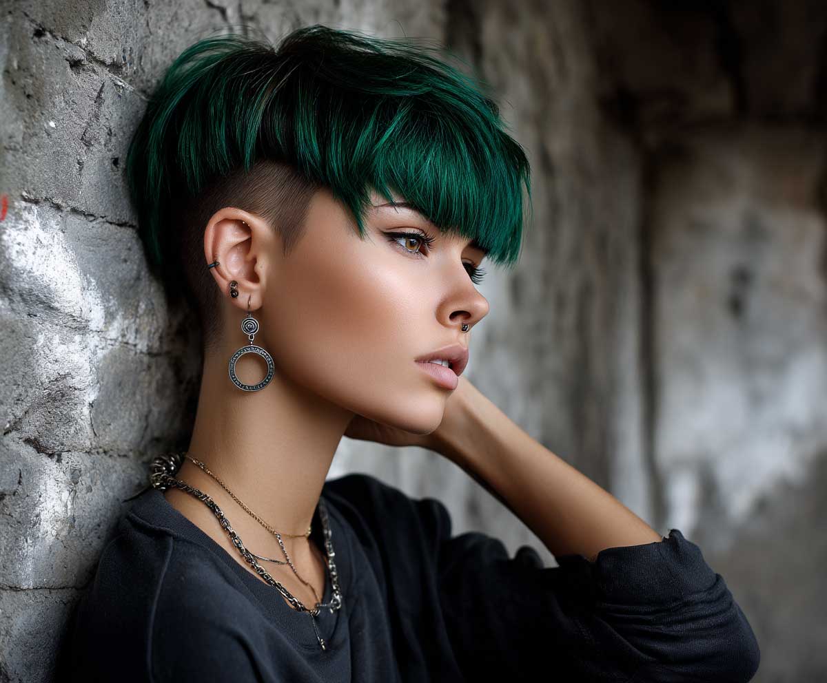Short to mid length forest green hairstyle with sharp undercut, textured top layers, moody lighting, alternative streetwear, gritty city backdrop, candid pose, modern edgy look