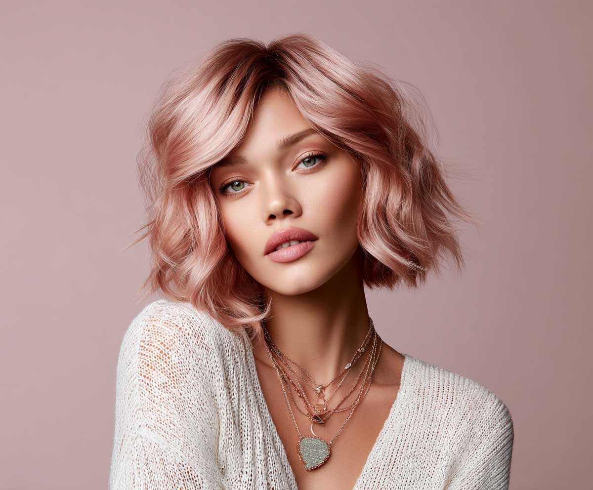 Studio shot of rose gold hair in short to mid length shag style, wavy texture with defined choppy ends, trendy fashion look, soft pink and neutral backdrop, subtle makeup, candid expression