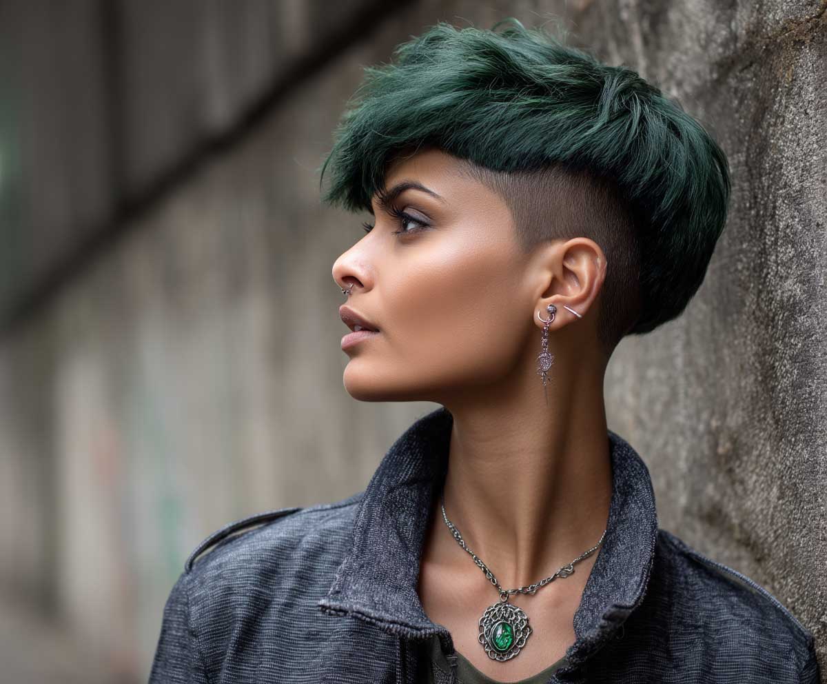 Short to mid length forest green hairstyle with sharp undercut, textured top layers, moody lighting, alternative streetwear, gritty city backdrop, candid pose, modern edgy look