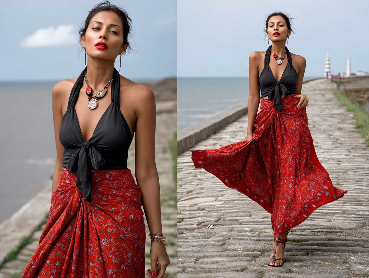 Full-length female model wearing a red printed wrap skirt and a black halter top with a tied neckline, on a stone pathway by the ocean, wind in the skirt, relaxed travel look, summer styling, bold and balanced color palette