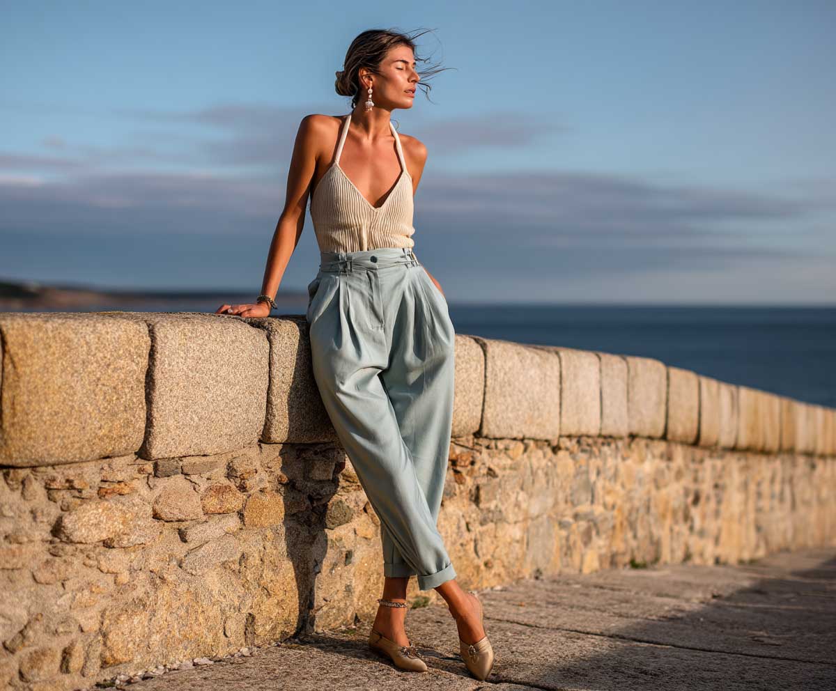 Full-length female model in high-waisted sky blue trousers and a beige halter tank top, leaning against a coastal stone wall, ocean in the background, golden hour, wind gently lifting fabric, timeless and effortless style for vacation