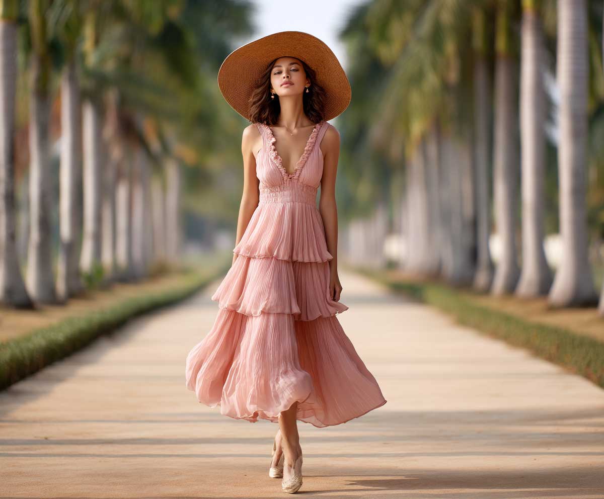 Full-length female model wearing a tiered blush pink sundress and oversized floppy straw hat, standing on a tropical path lined with palm trees, warm morning sunlight, breezy movement, chic and soft vacation fashion, pastel tones, fashionable and elegant mood