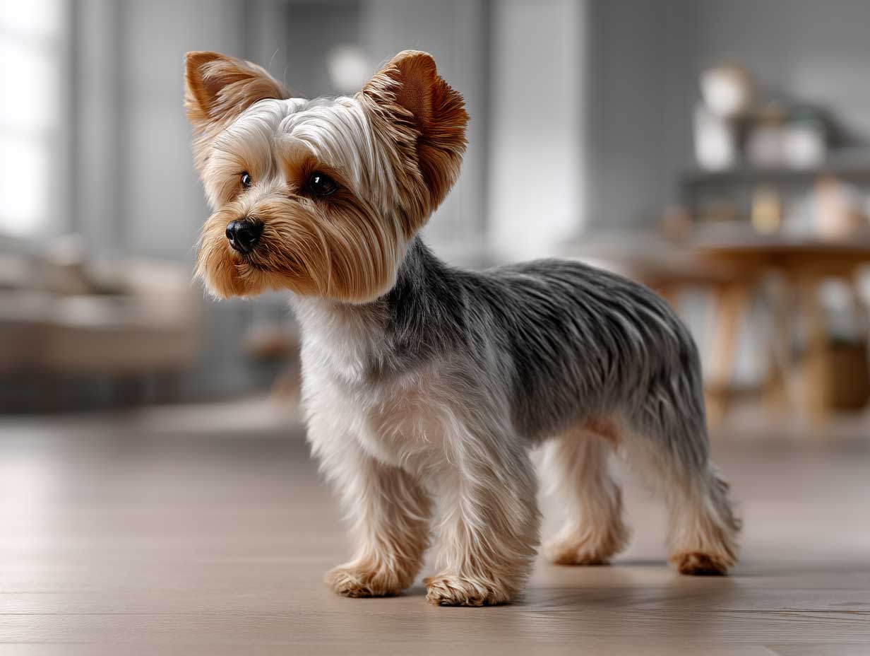 adorable yorkshire terrier standing on light hardwood floor, puppy cut with trimmed body and feathered paws, silky coat, natural brown and gray tones, soft ambient light, cheerful pose, modern pet grooming photo