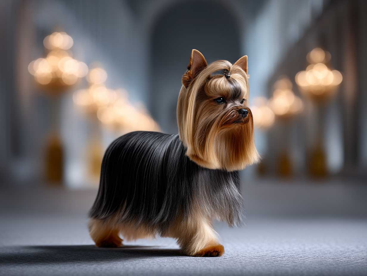 yorkshire terrier walking on a runway with long glossy coat, show dog grooming, center-parted hair with flowing layers, silky fur with black and golden highlights, spotlight, high fashion dog photography, elegant atmosphere