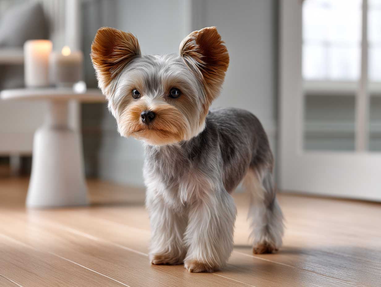 adorable yorkshire terrier standing on light hardwood floor, puppy cut with trimmed body and feathered paws, silky coat, natural brown and gray tones, soft ambient light, cheerful pose, modern pet grooming photo
