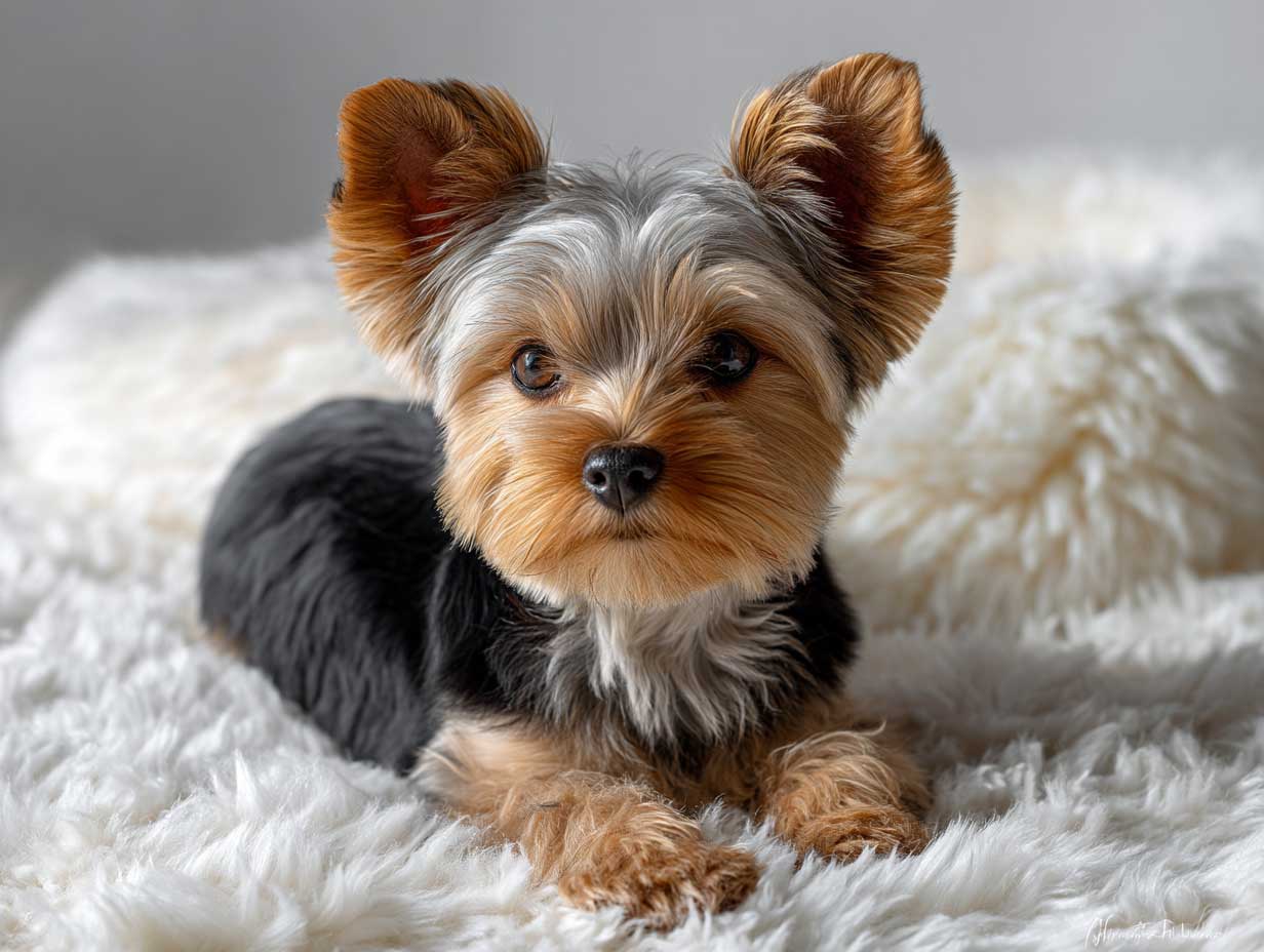 cute yorkshire terrier sitting on a white fluffy rug, teddy bear haircut, round trimmed ears, glossy black and tan coat, natural light, close-up pet portrait, soft background, high detail dog photography