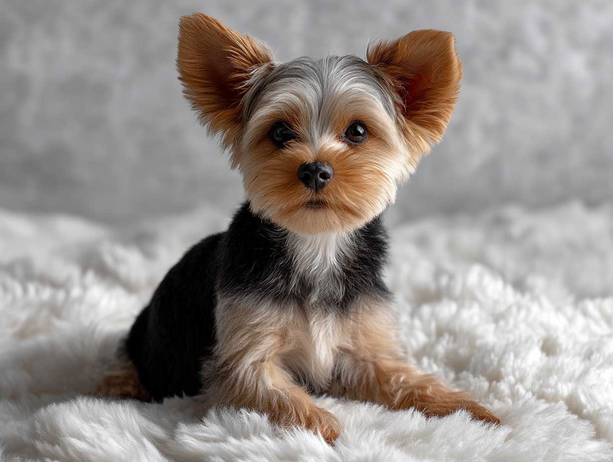 cute yorkshire terrier sitting on a white fluffy rug, teddy bear haircut, round trimmed ears, glossy black and tan coat, natural light, close-up pet portrait, soft background, high detail dog photography