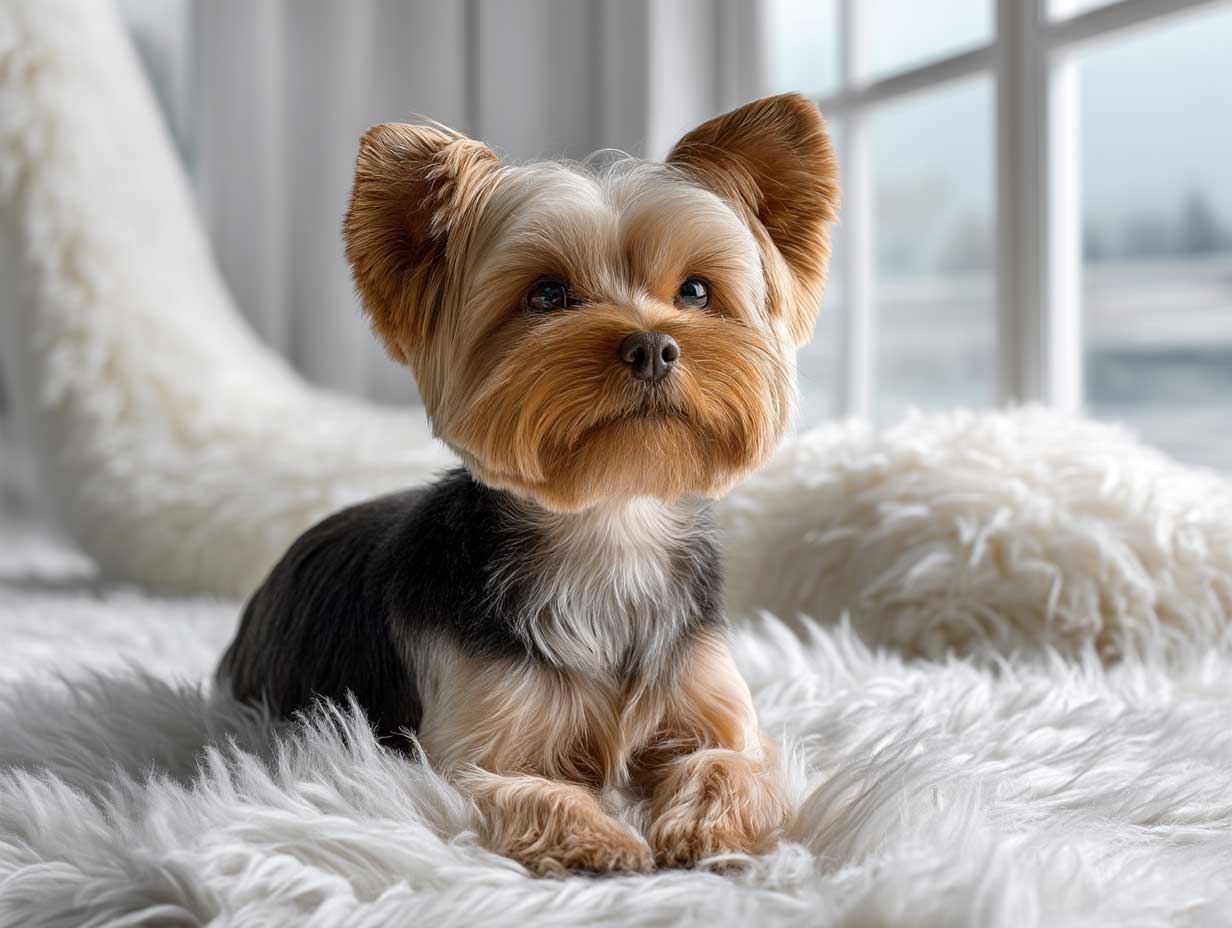 cute yorkshire terrier sitting on a white fluffy rug, teddy bear haircut, round trimmed ears, glossy black and tan coat, natural light, close-up pet portrait, soft background, high detail dog photography