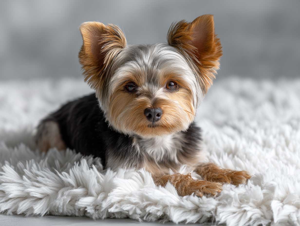 cute yorkshire terrier sitting on a white fluffy rug, teddy bear haircut, round trimmed ears, glossy black and tan coat, natural light, close-up pet portrait, soft background, high detail dog photography