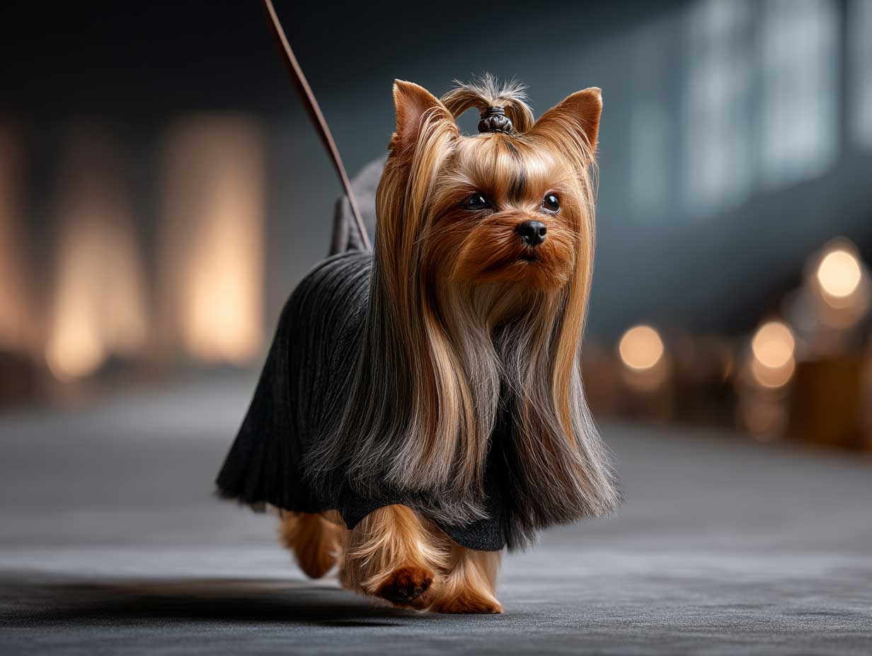 yorkshire terrier walking on a runway with long glossy coat, show dog grooming, center-parted hair with flowing layers, silky fur with black and golden highlights, spotlight, high fashion dog photography, elegant atmosphere