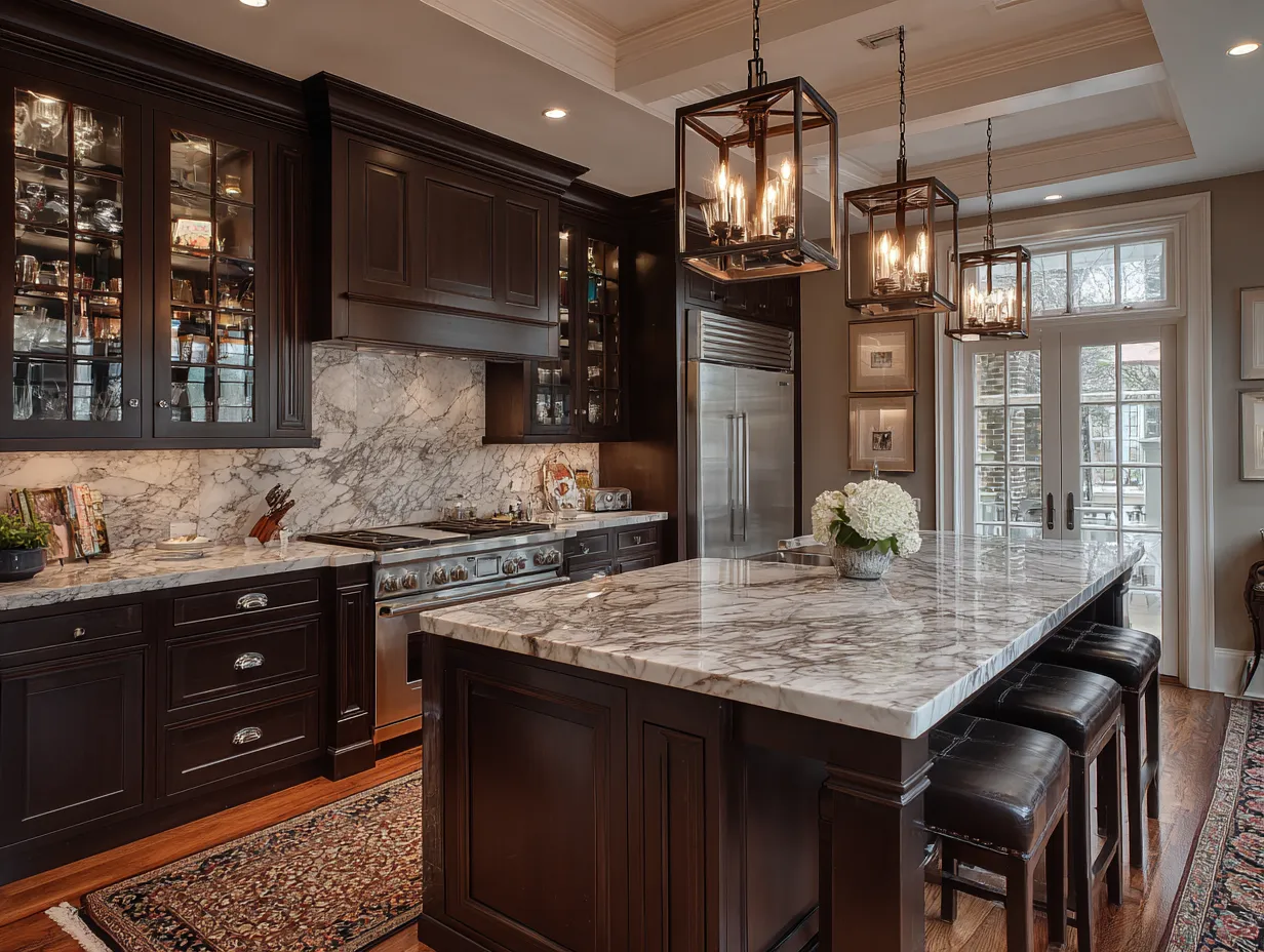 Flooring paired with modern brown kitchen cabinets