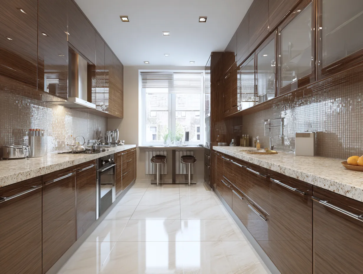 Modern brown cabinets with custom hardware finishes