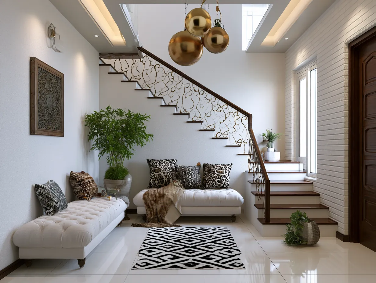 small lobby interior design with mirrors and storage