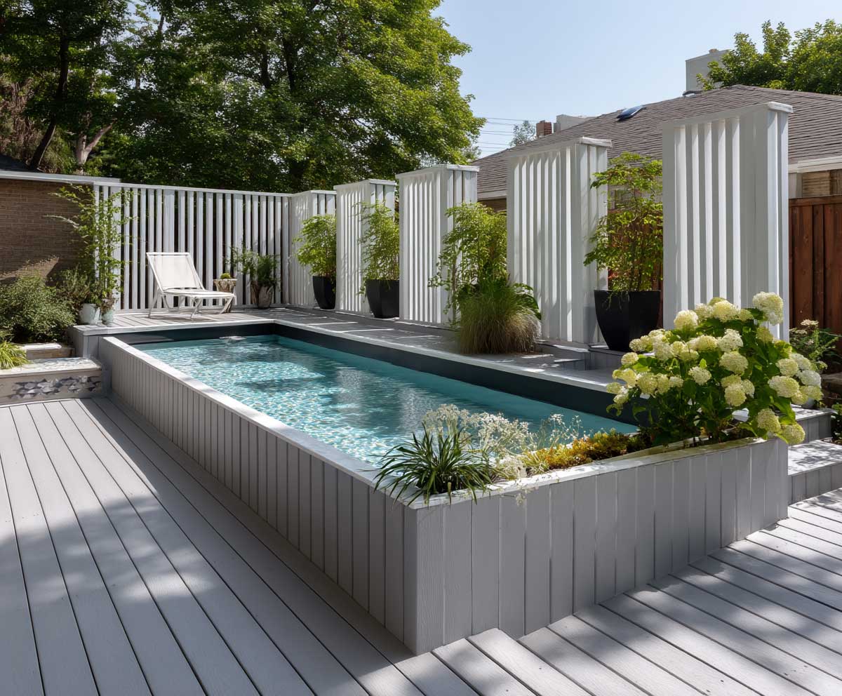 minimalist above ground pool with sleek gray deck, vertical slat privacy screens, compact backyard garden, sunlit day, calm and structured, contemporary design