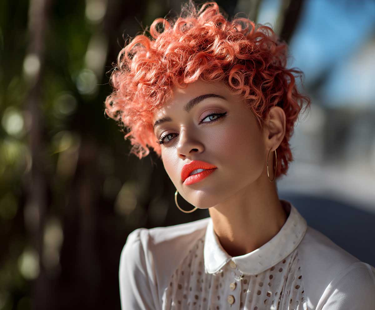 editorial-style portrait of a young woman with a bright coral curly pixie cut, voluminous curls at the crown, glowing skin, coral lips, sunlit outdoor setting, modern hairstyle focus