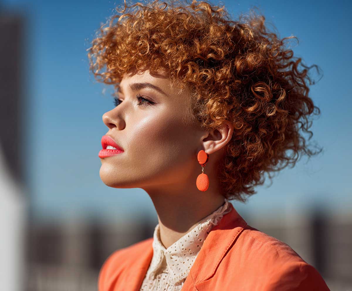 editorial-style portrait of a young woman with a bright coral curly pixie cut, voluminous curls at the crown, glowing skin, coral lips, sunlit outdoor setting, modern hairstyle focus
