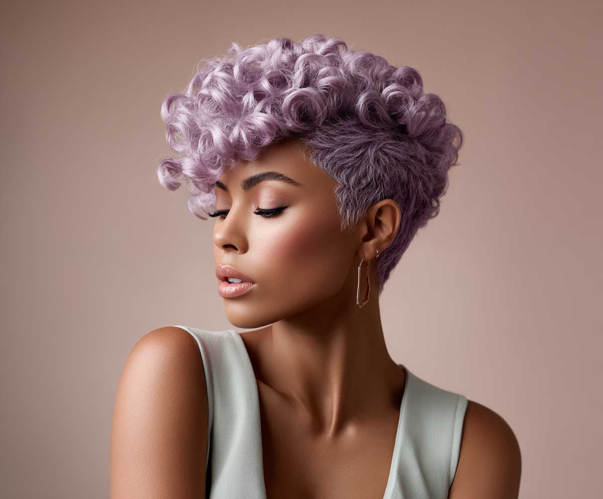 close-up fashion photo of a woman with a lavender violet curly pixie cut, defined side part, sculpted curls, soft background, dreamy lighting, studio setting with pastel styling
