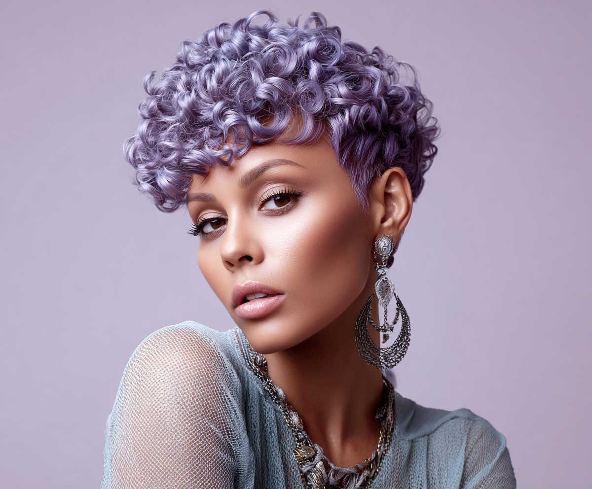 close-up fashion photo of a woman with a lavender violet curly pixie cut, defined side part, sculpted curls, soft background, dreamy lighting, studio setting with pastel styling