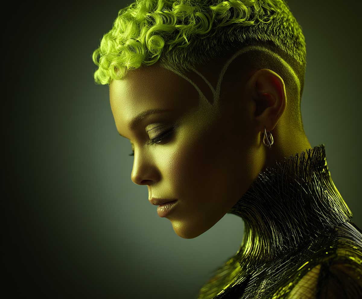 high-fashion editorial image of a woman with a neon green curly pixie cut, shaved sides with carved line detail, glowing skin, dramatic lighting, modern styling, close-up focus on hair texture