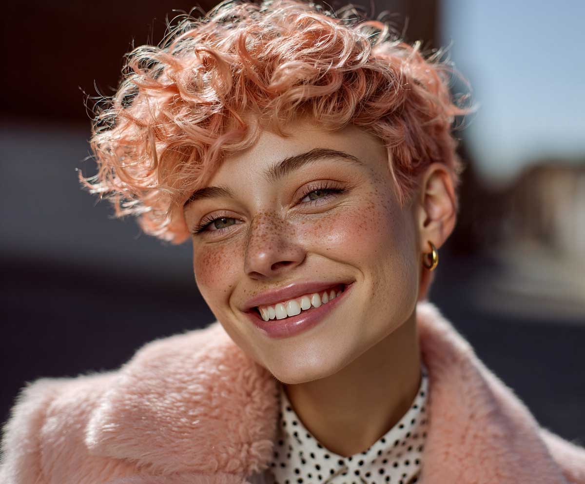 close-up portrait of a smiling woman with a peach pink curly pixie cut, soft feathered curls, light freckles, pastel makeup, sunlight glow, fashion editorial photography