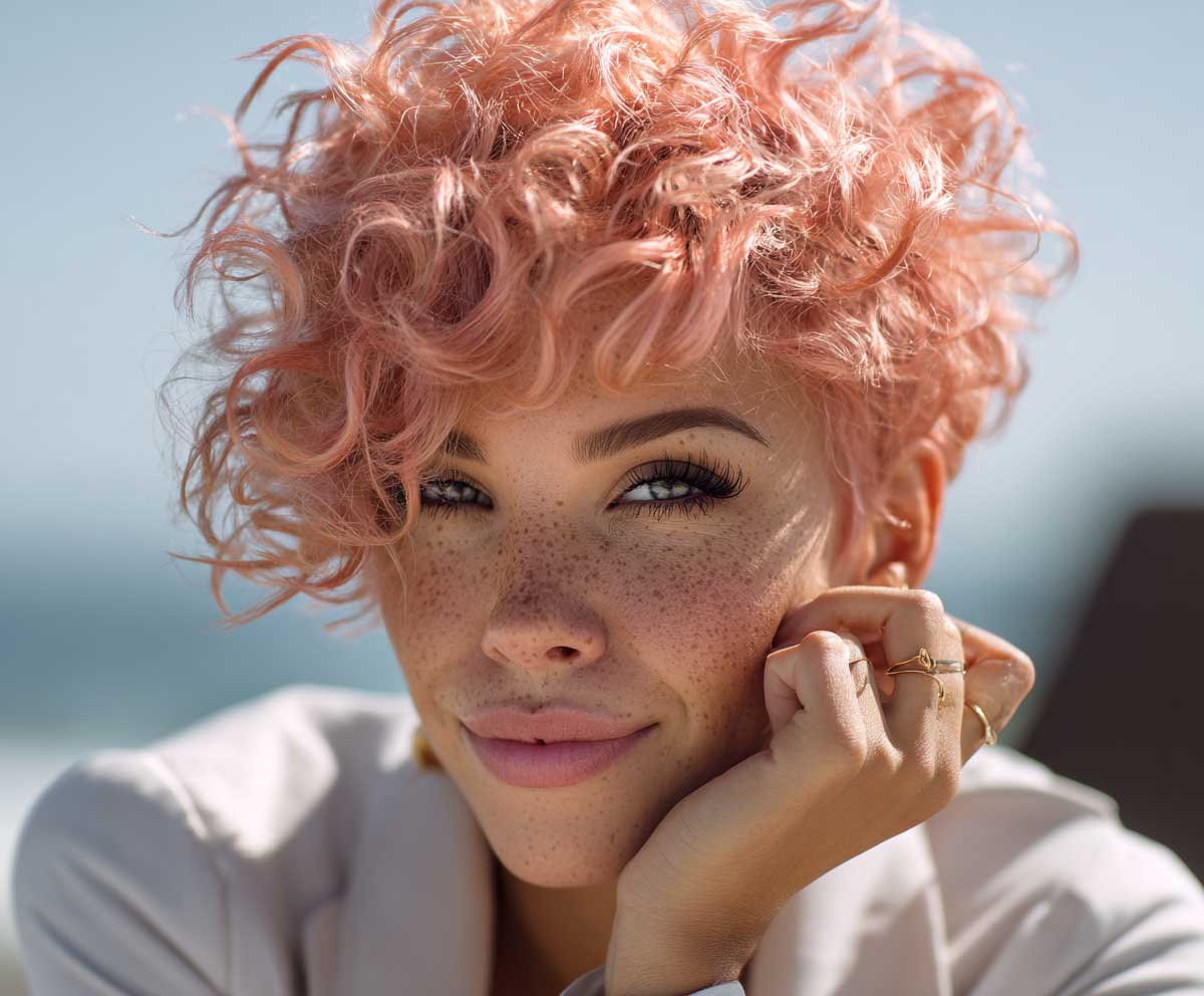 close-up portrait of a smiling woman with a peach pink curly pixie cut, soft feathered curls, light freckles, pastel makeup, sunlight glow, fashion editorial photography