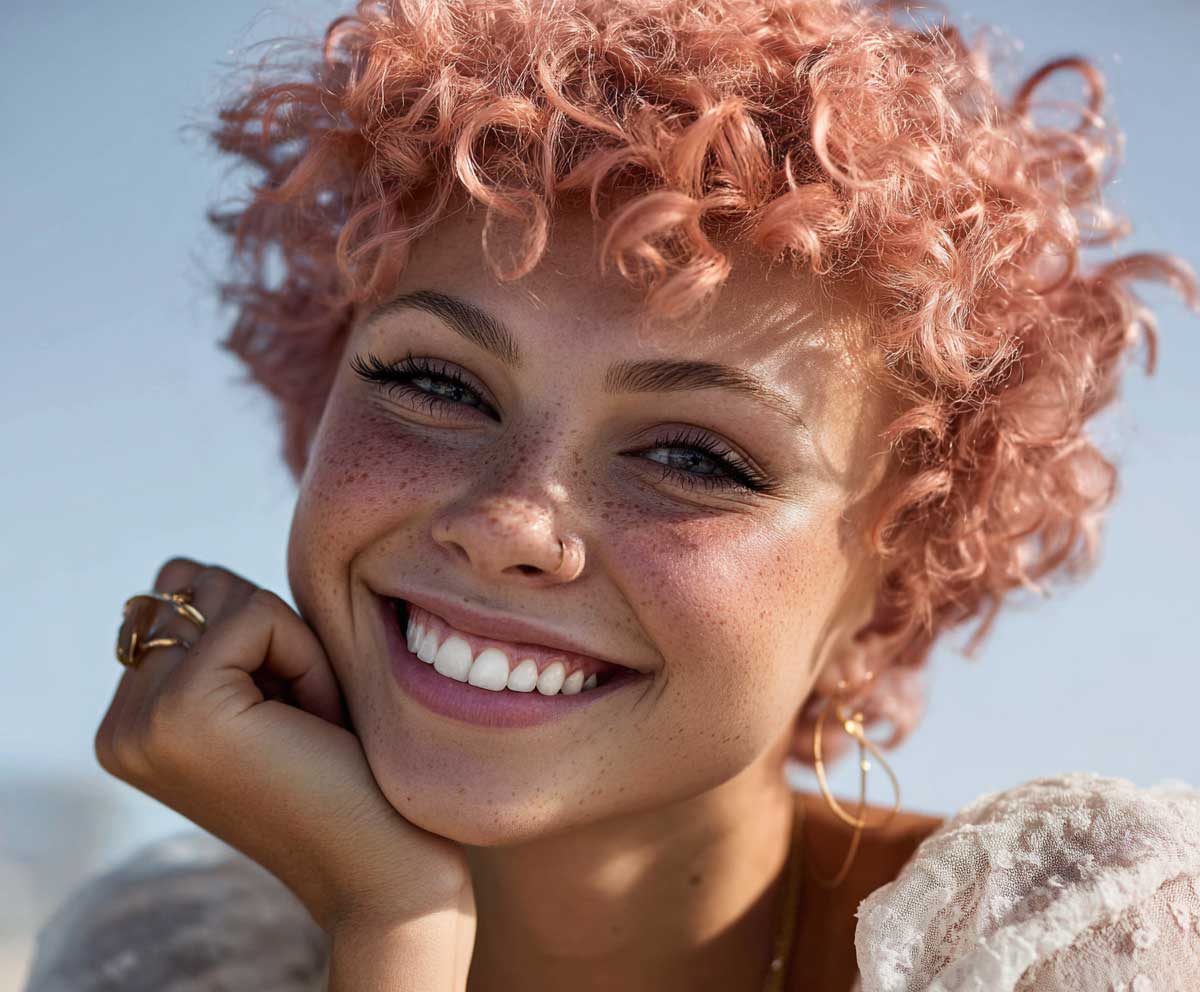 close-up portrait of a smiling woman with a peach pink curly pixie cut, soft feathered curls, light freckles, pastel makeup, sunlight glow, fashion editorial photography