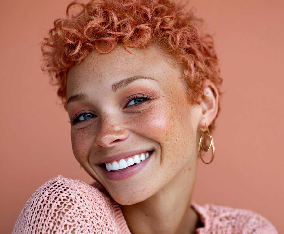 close-up portrait of a smiling woman with a peach pink curly pixie cut, soft feathered curls, light freckles, pastel makeup, sunlight glow, fashion editorial photography