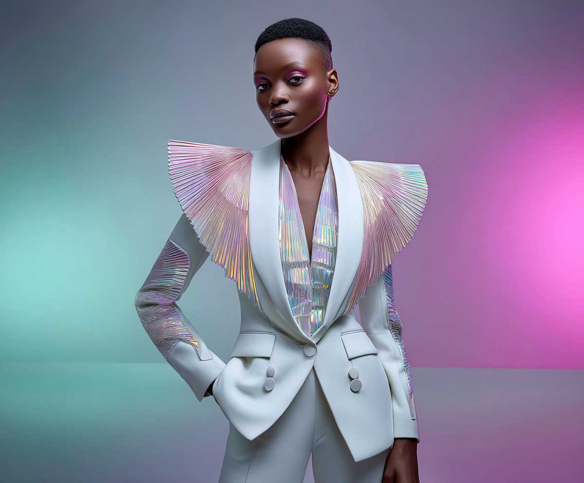 model wearing a futuristic white modular-cut blazer featuring holographic pink pleated panels on shoulders and back, tech-fabric trousers, studio backdrop with digital gradient lights, clean futuristic editorial look